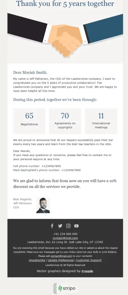 Stripo email template example for a law firm's yearly review, celebrating milestones with a client.