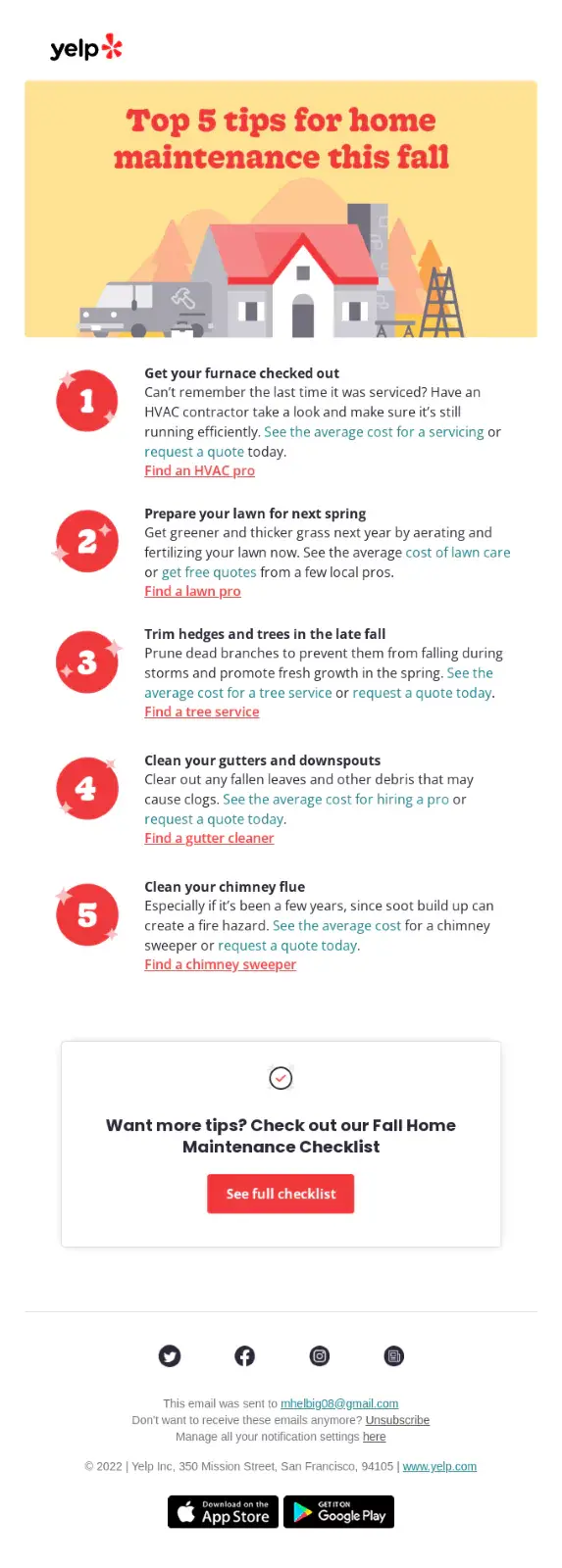 Yelp email example providing a to-do list with five tips for fall home maintenance.