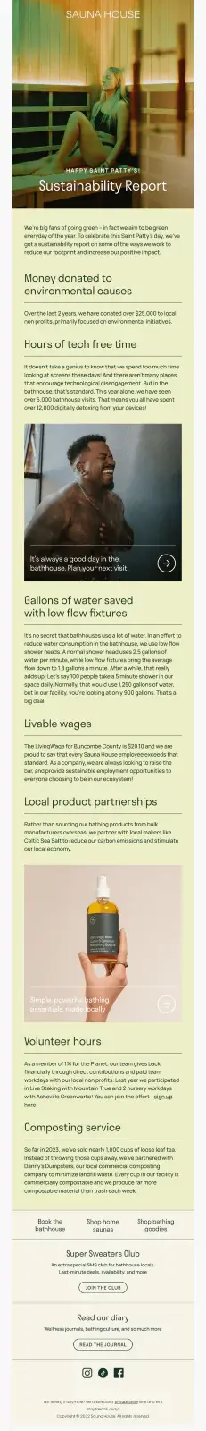 Sauna House email example from Saint Patrick's Day sharing a sustainability report.