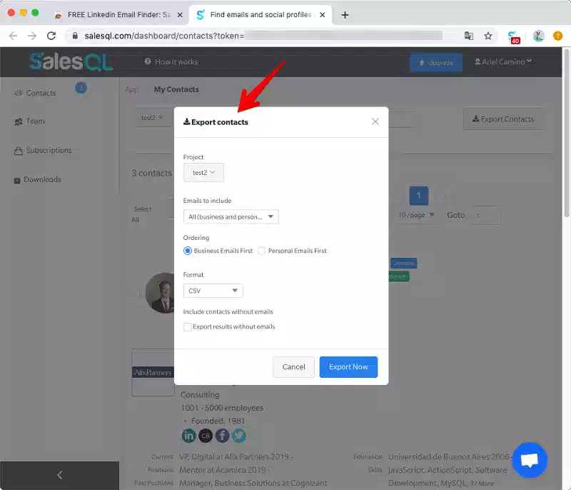 SalesQL 面板中导出联系人数据的选项