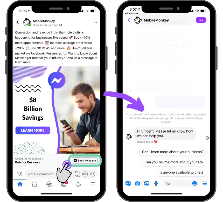 Beispiel einer Facebook Click-to-Messenger-Anzeige, die eine Konversation im Messenger startet.