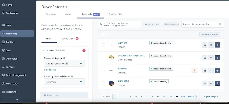 Captură de ecran a interfeței de configurare a intenției de cercetare în HubSpot.