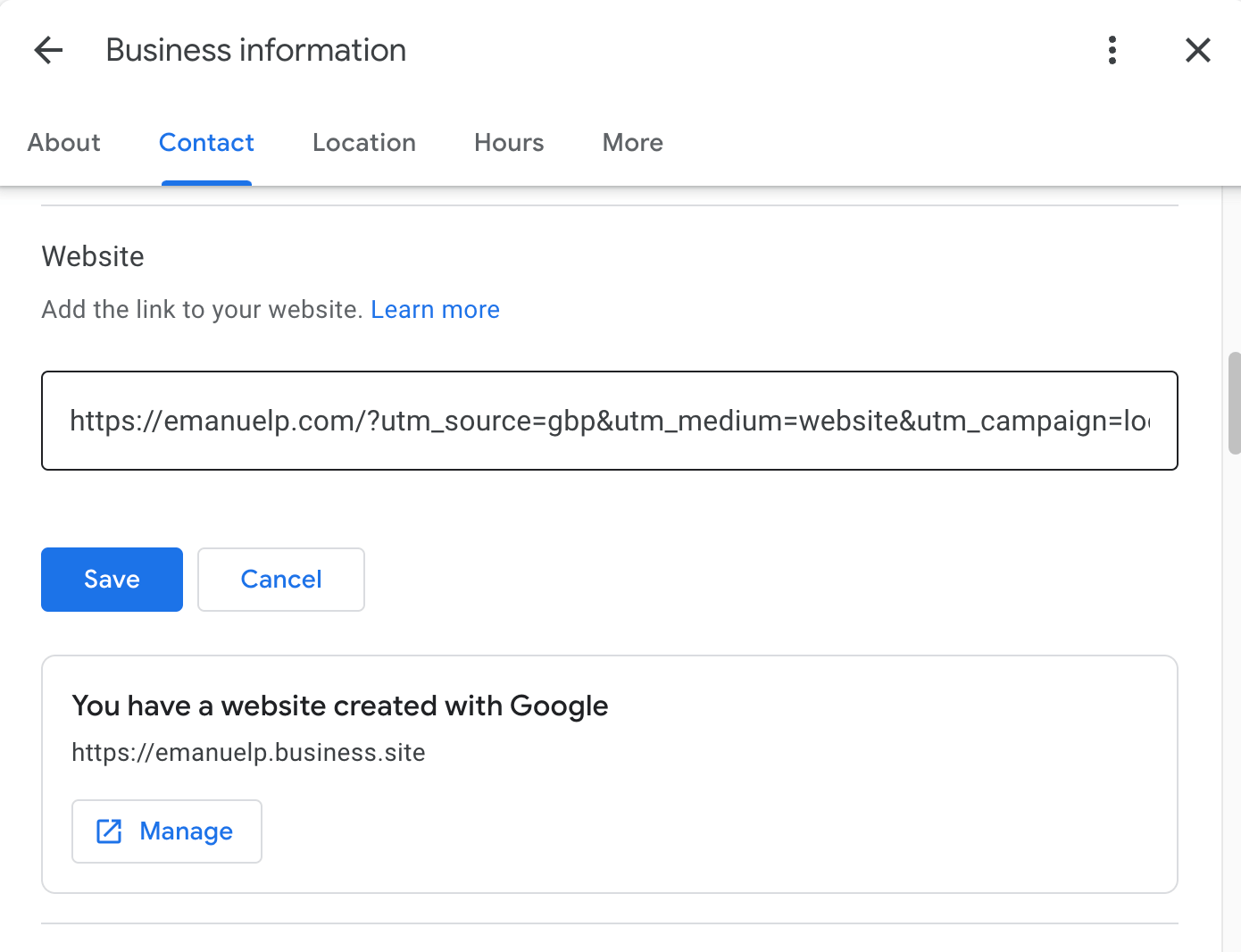 Screenshot of the Google Business Profile editor showing the contact information section with fields for website and phone number.