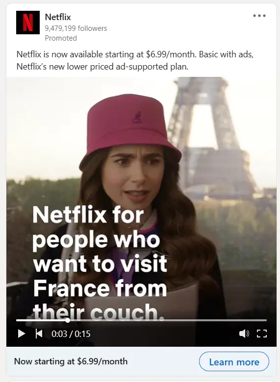 Beispiel einer LinkedIn-Anzeige von Netflix, die ihre Unternehmenskultur hervorhebt.