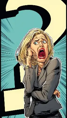 Femme manager paniquée s'appuyant sur un point d'interrogation, symbolisant l'incertitude dans les stratégies de développement commercial.