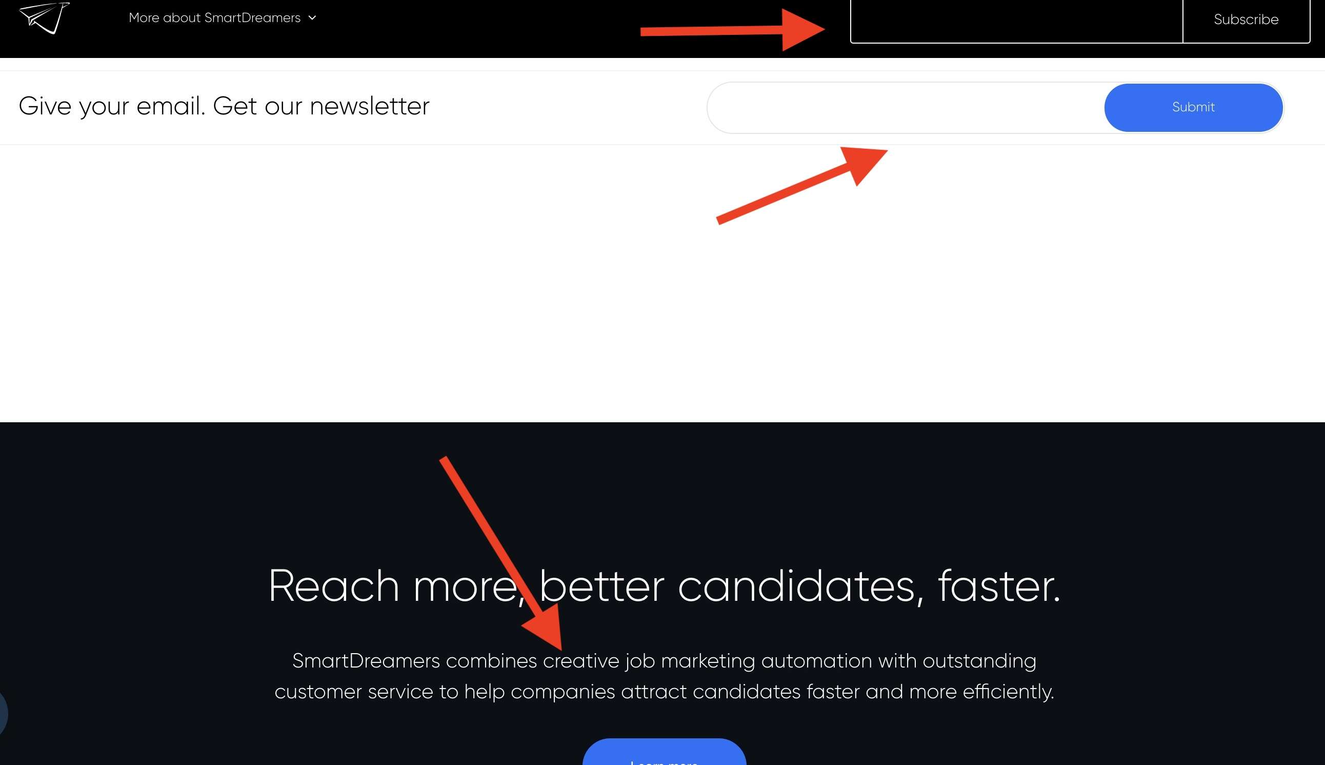 Esempio di una casella di iscrizione secondaria e di una CTA per richiedere una demo in fondo alla pagina del blog di SmartDreamers.