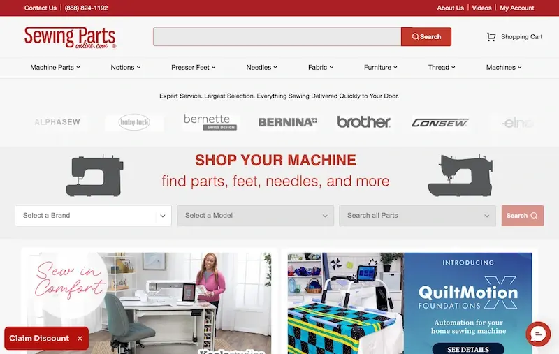 Screenshot der Webseite von Sewing Parts Online, der die professionelle Gestaltung und das klare Wertversprechen zeigt.