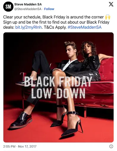 Steve Madden 的 '早鸟优惠' 黑色星期五 Instagram 活动，鼓励用户注册邮件列表